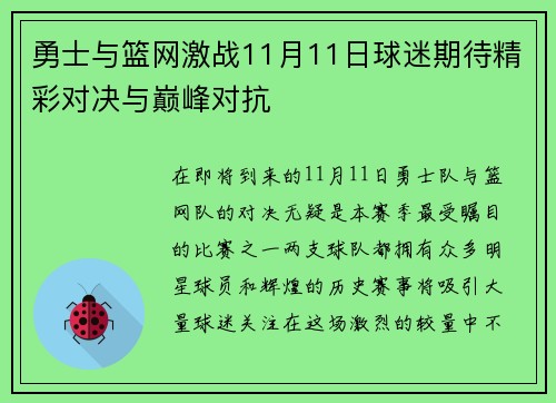 勇士与篮网激战11月11日球迷期待精彩对决与巅峰对抗