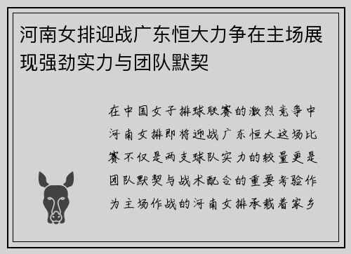 河南女排迎战广东恒大力争在主场展现强劲实力与团队默契