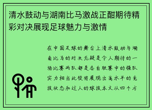 清水鼓动与湖南比马激战正酣期待精彩对决展现足球魅力与激情
