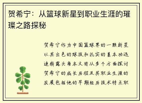 贺希宁：从篮球新星到职业生涯的璀璨之路探秘