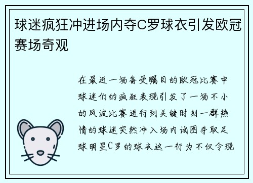 球迷疯狂冲进场内夺C罗球衣引发欧冠赛场奇观