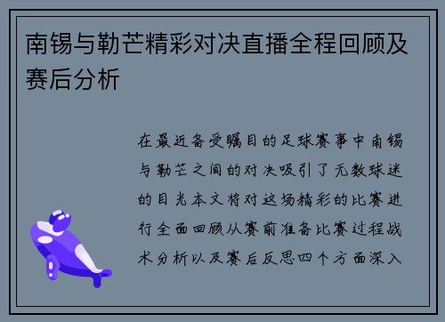 南锡与勒芒精彩对决直播全程回顾及赛后分析