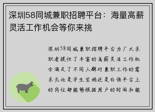 深圳58同城兼职招聘平台：海量高薪灵活工作机会等你来挑