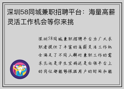深圳58同城兼职招聘平台：海量高薪灵活工作机会等你来挑